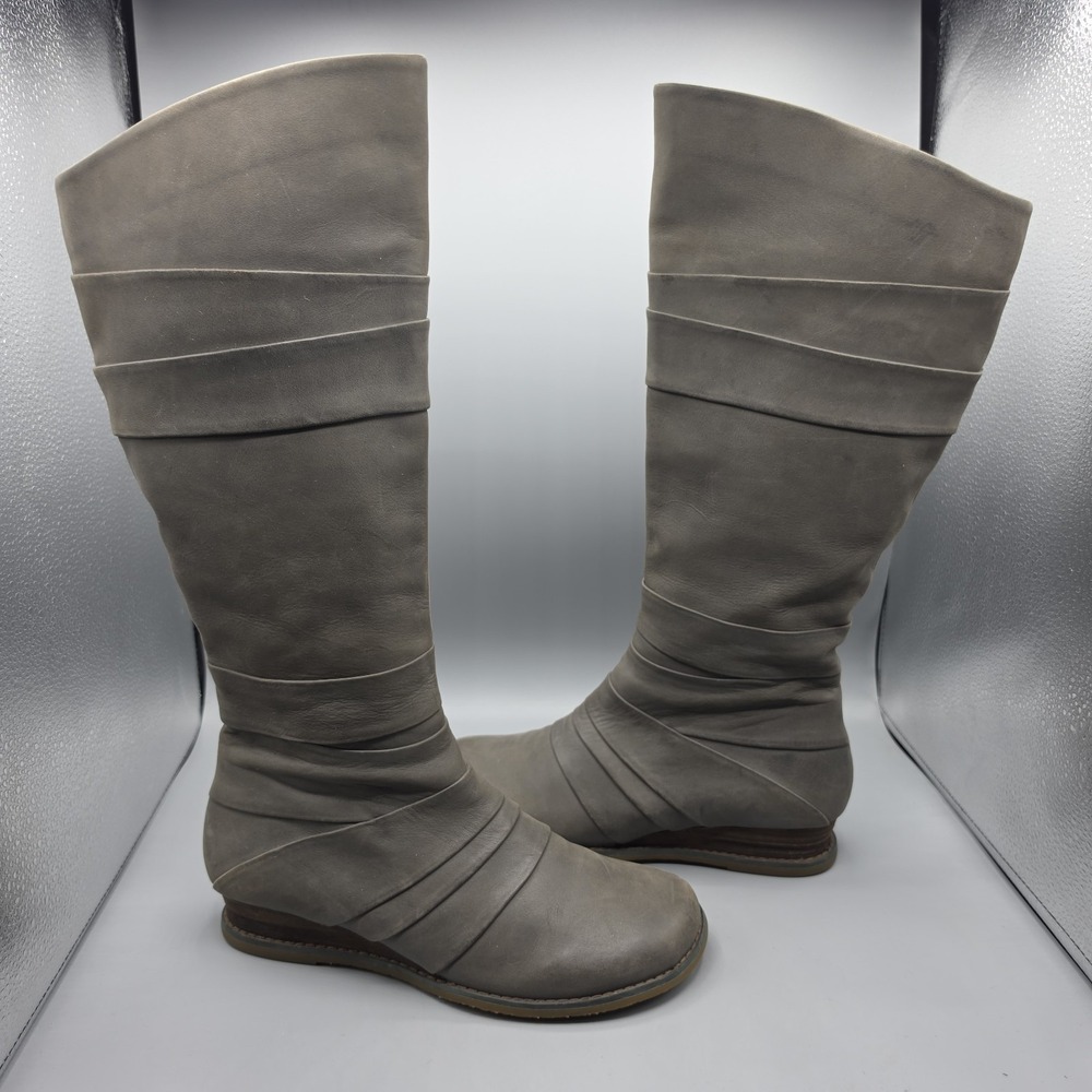 MIZ MOOZ Porter Boots Womens 8 Gray Leather Knee High Wedge Heel Ruched Zipper - Picture 8 of 13